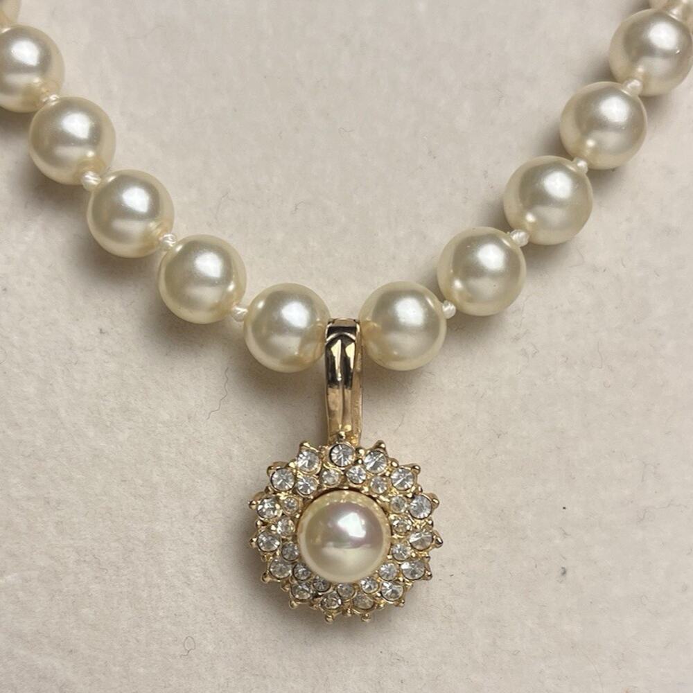 Roman Faux Pearl Simulated Diamond Pendant Necklace Gold Tone Bridal Wedding